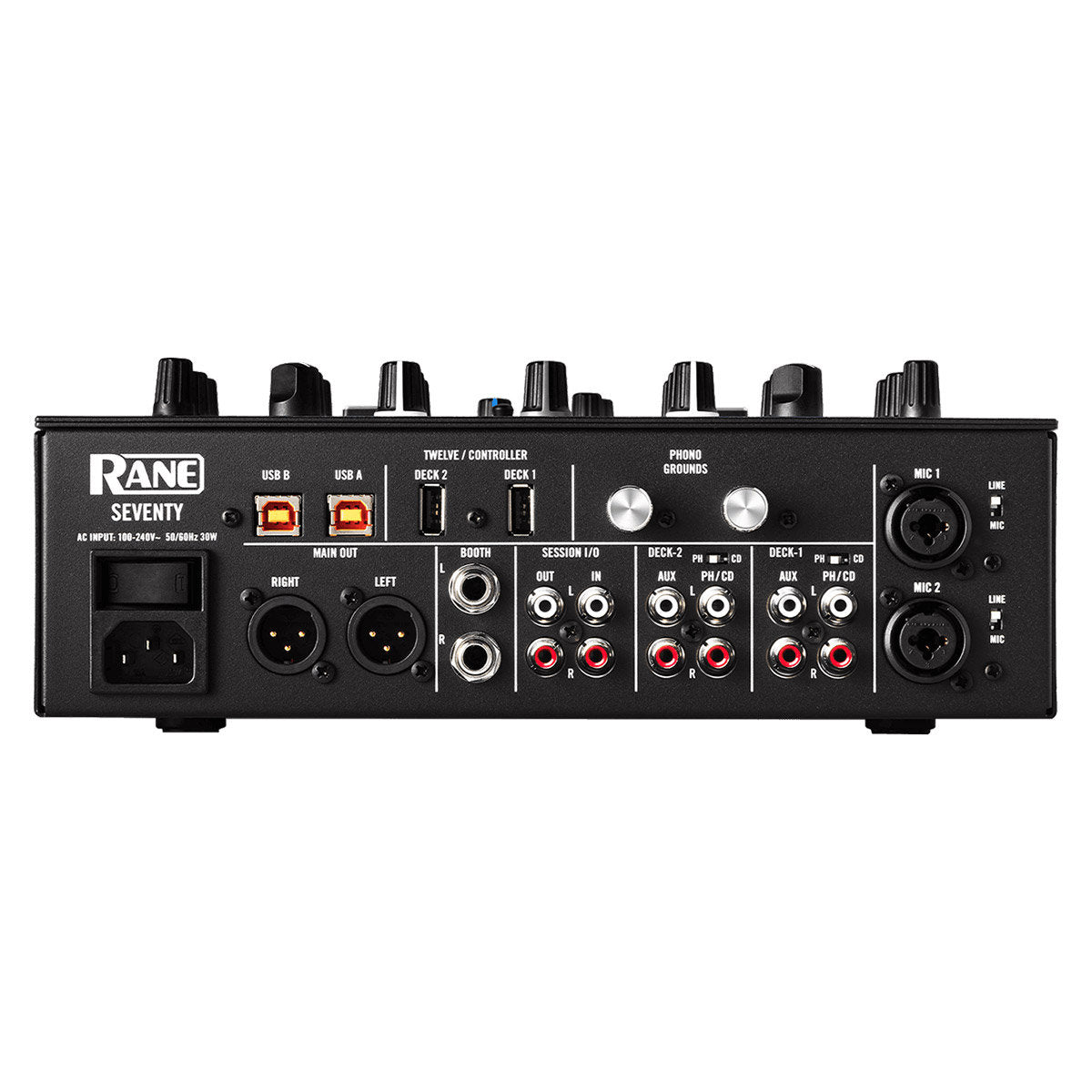 Rane SEVENTY – face arrière avec entrées, sorties XLR, USB et micros – Caraïbes Audio