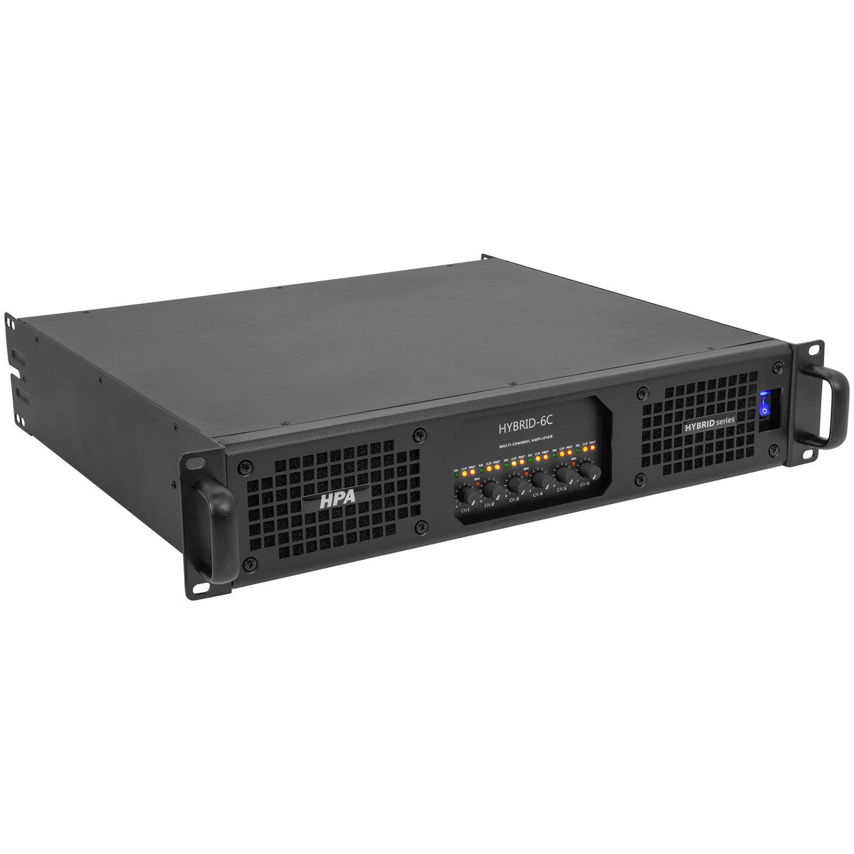 HPA Hybrid-6C – amplificateur 6 canaux rack 2U, vue de face en perspective