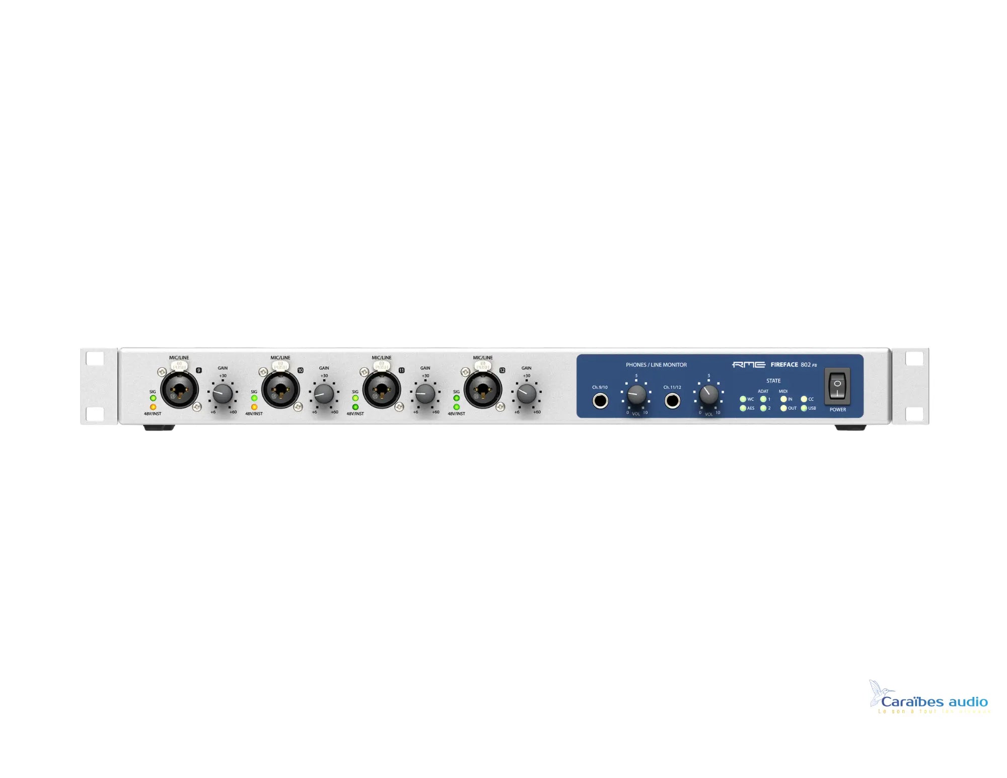 Façade de l'interface audio professionnelle RME Fireface 802 FS avec 4 entrées Combo