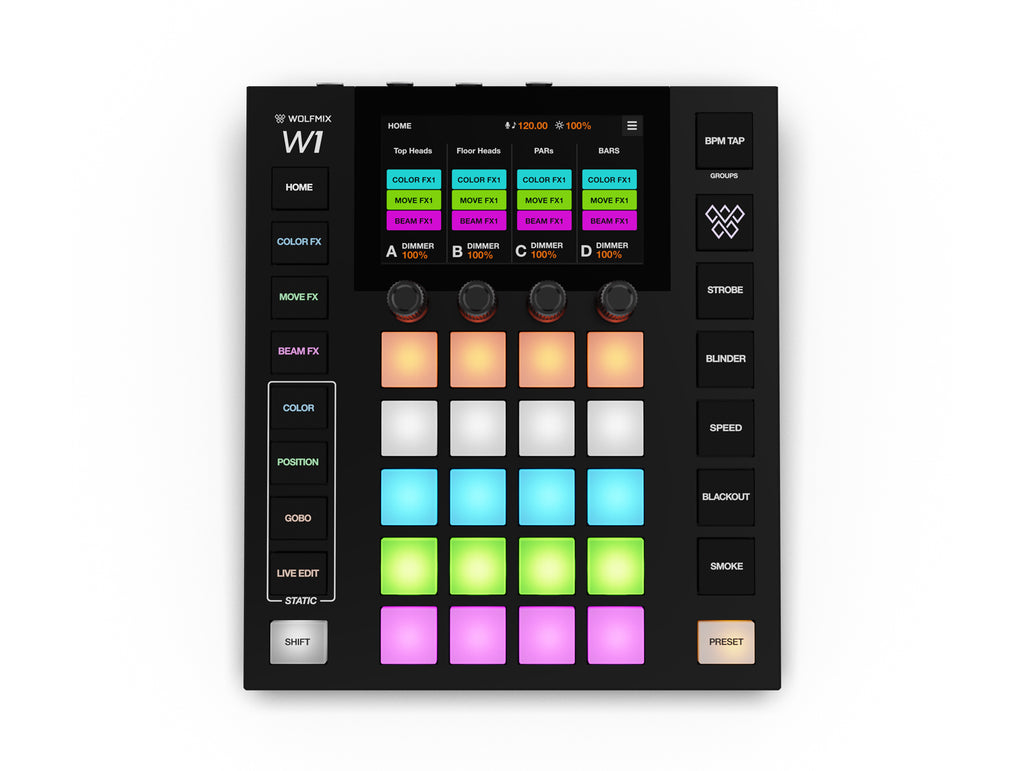 Contrôleur DMX autonome tactile professionnel Wolfmix W1 MK3 à 4 univers avec écran couleur et pads silicone - Caraïbes Audio