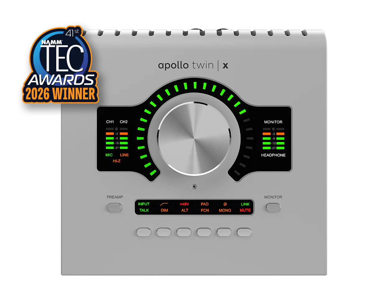 Interface audio Thunderbolt Universal Audio Apollo Twin X de dessus montrant le potentiomètre central et les vumètres LED