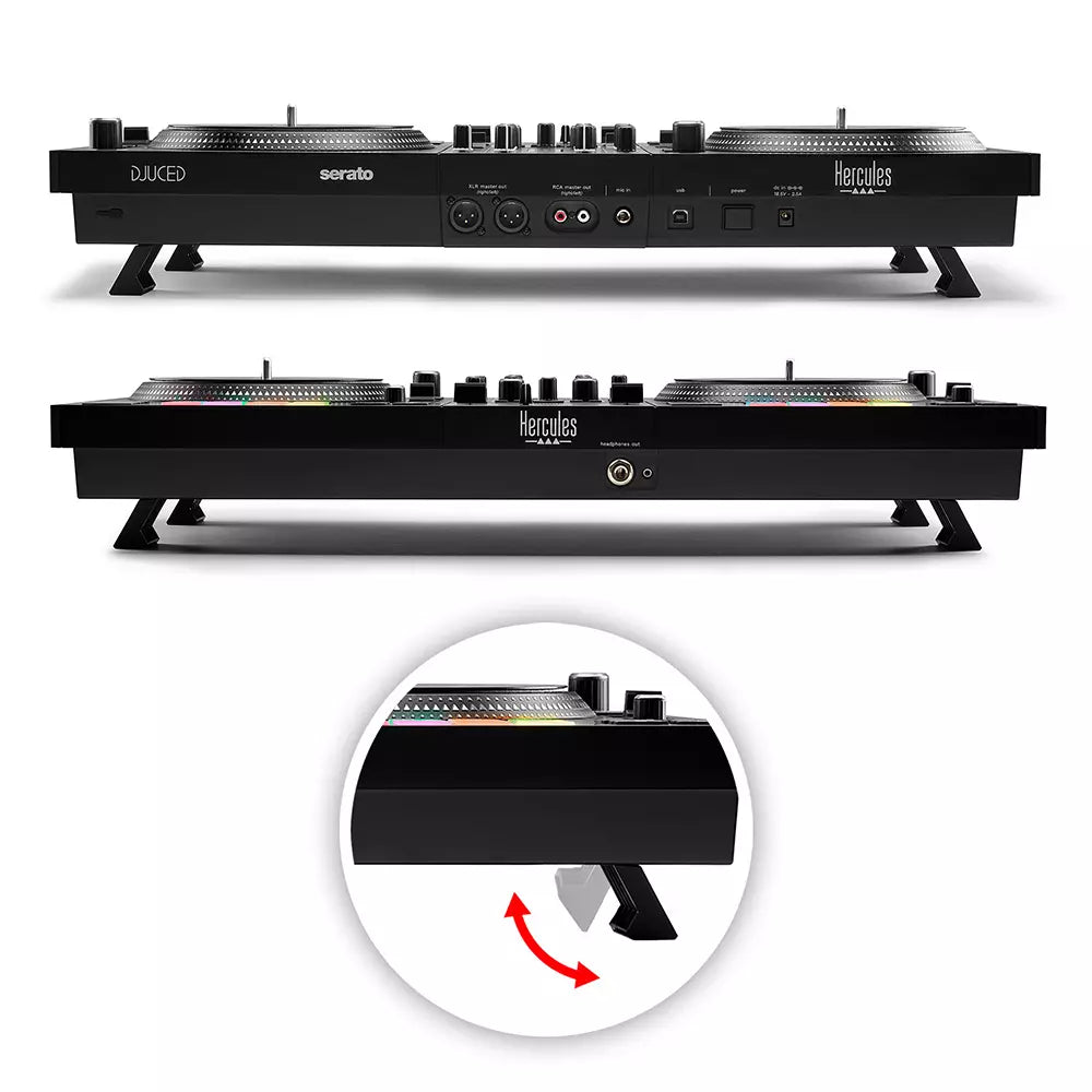 Panneau arrière, pieds rétractables et sorties audio professionnelles XLR du Hercules Inpulse T7
